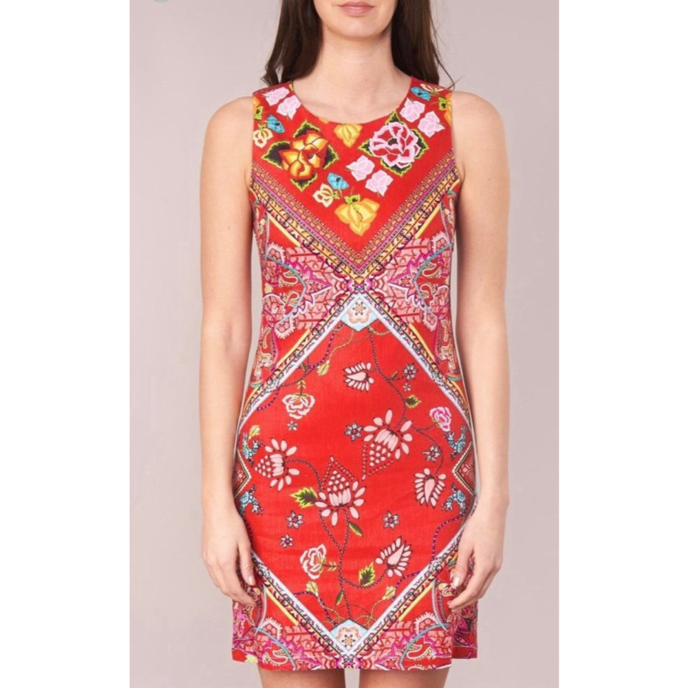 DESIGUAL‎ Red Lisa Foulard Linen Blend Sleeveless Shift Dress Size 38 US S